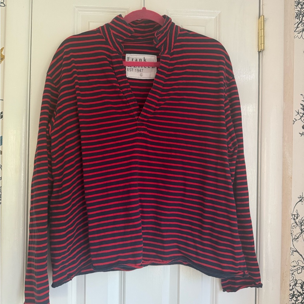 Frank & Eileen Red and Navy Stripe Long Sleeve Popover Top - Size L